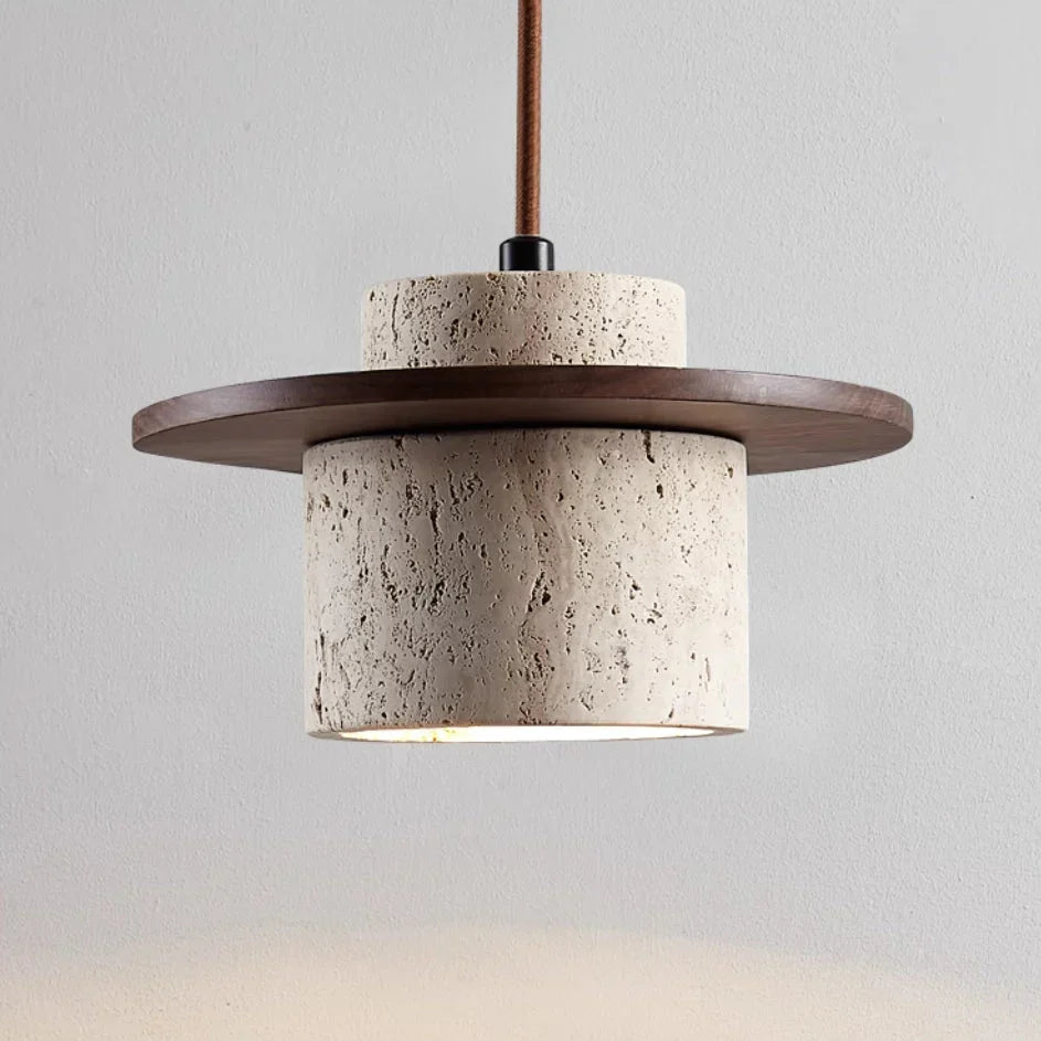 Moderne Pendelleuchte aus Travertin und Holz