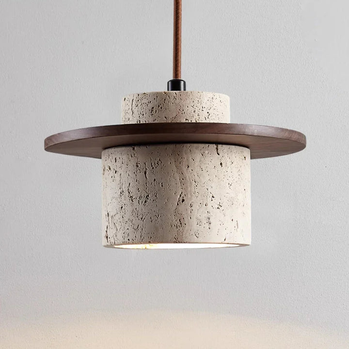 Moderne Pendelleuchte aus Travertin und Holz