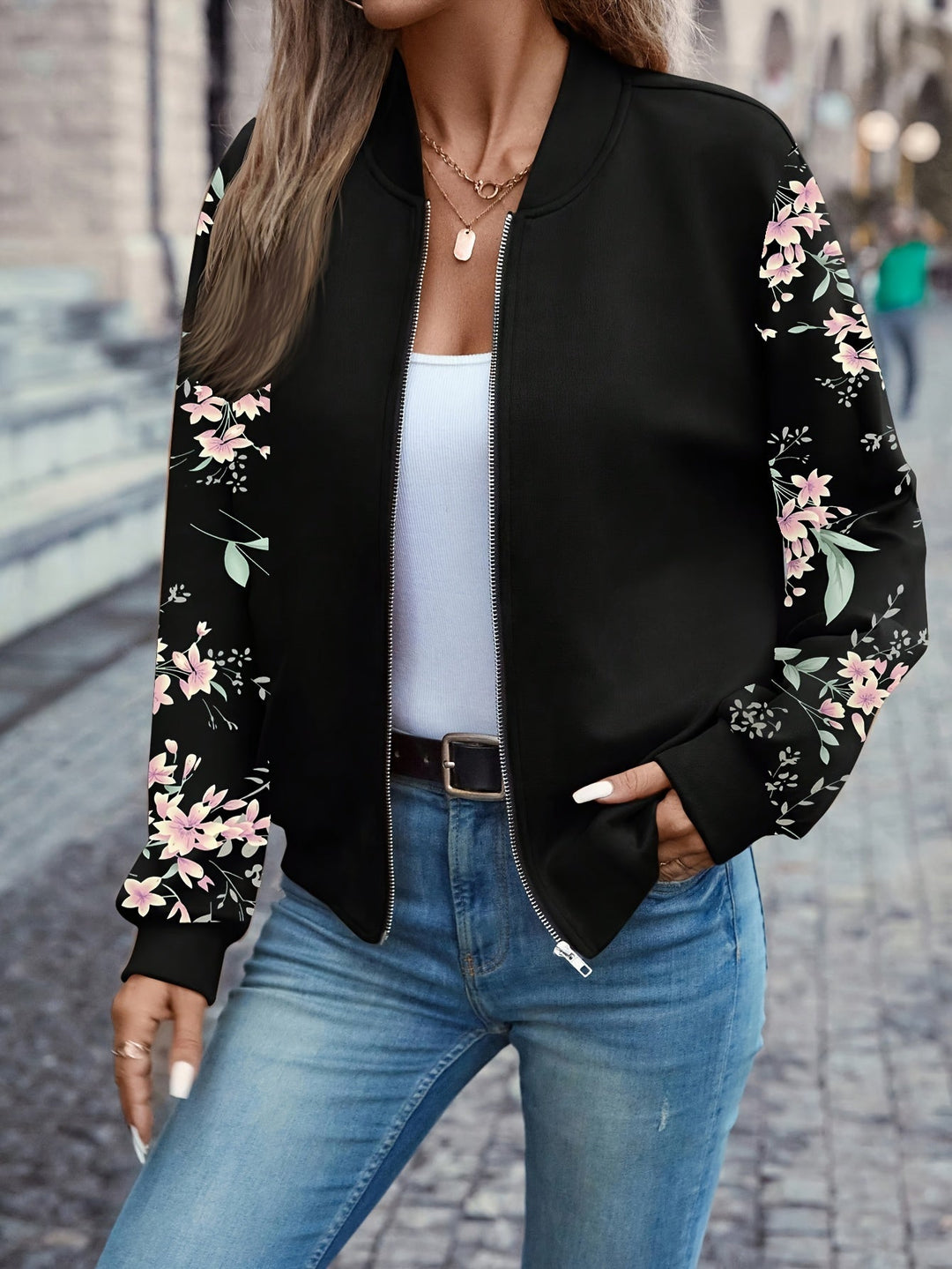 Damen Bomberjacke mit floralen Ärmeln