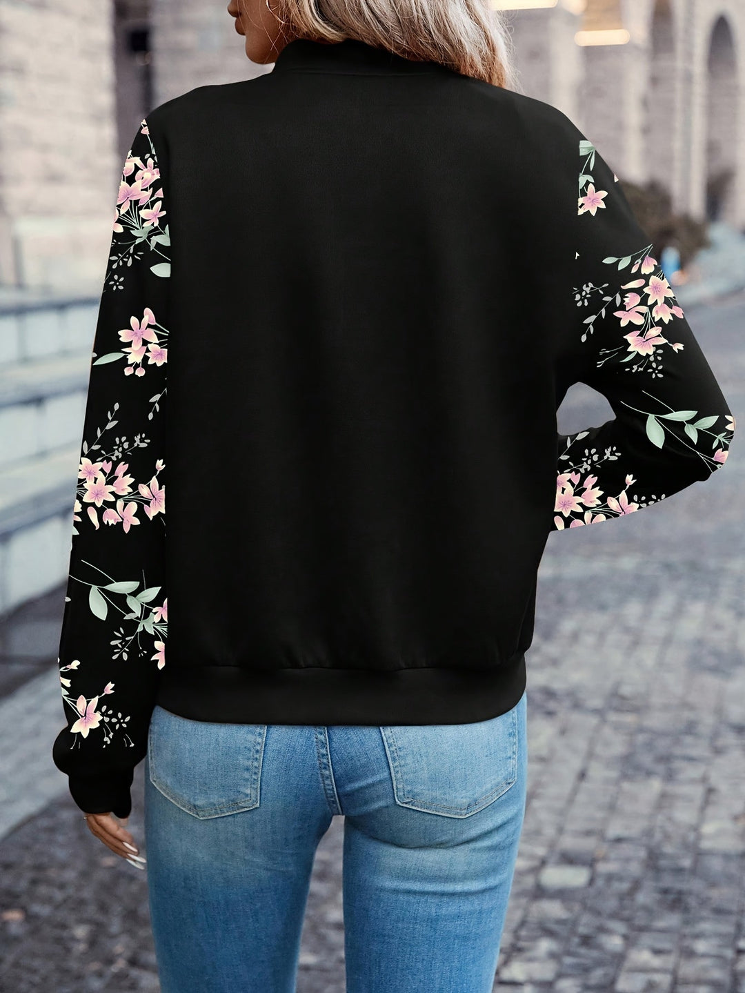 Damen Bomberjacke mit floralen Ärmeln