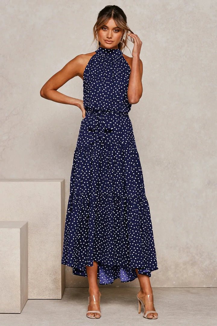 Elegantes Midikleid mit Erbsendruck und Krawatte im Nacken