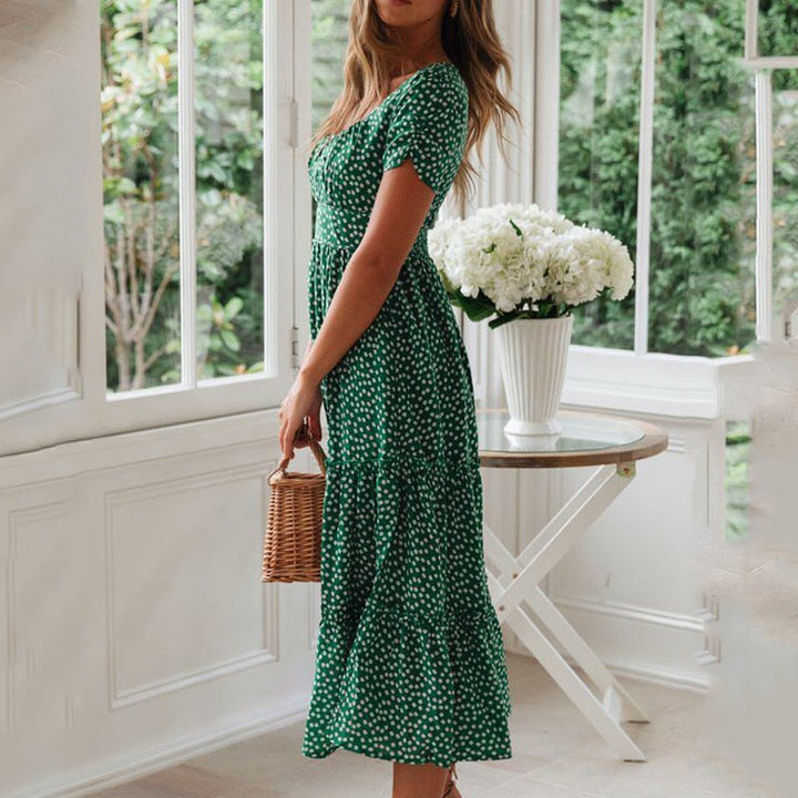 Langes Erbsenkleid mit Ausschnitt
