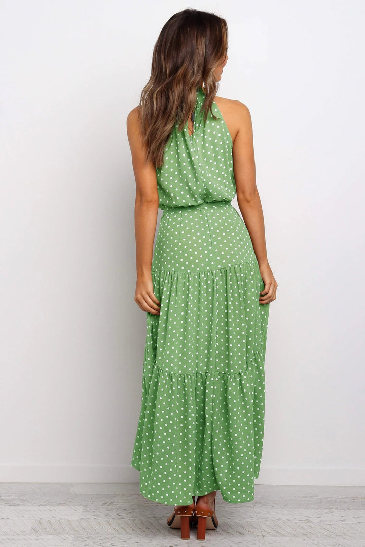 Elegantes Midikleid mit Erbsendruck und Krawatte im Nacken