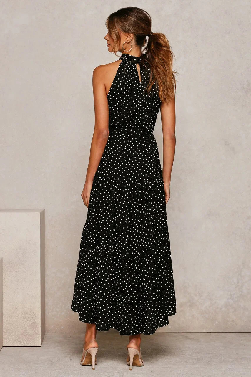 Elegantes Midikleid mit Erbsendruck und Krawatte im Nacken