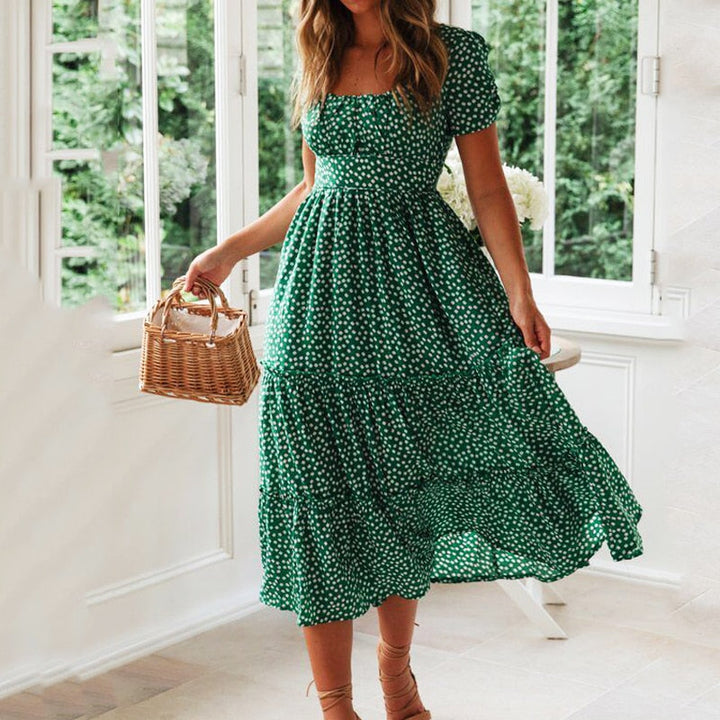 Langes Erbsenkleid mit Ausschnitt