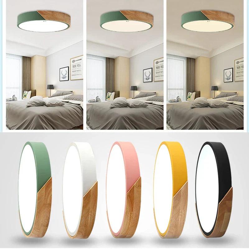 Moderne runde LED-Deckenleuchte mit Holzakzent