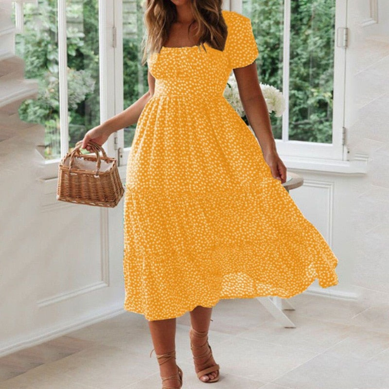 Langes Erbsenkleid mit Ausschnitt