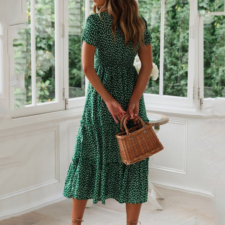 Langes Erbsenkleid mit Ausschnitt