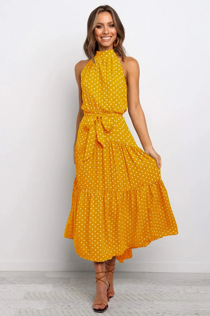 Elegantes Midikleid mit Erbsendruck und Krawatte im Nacken