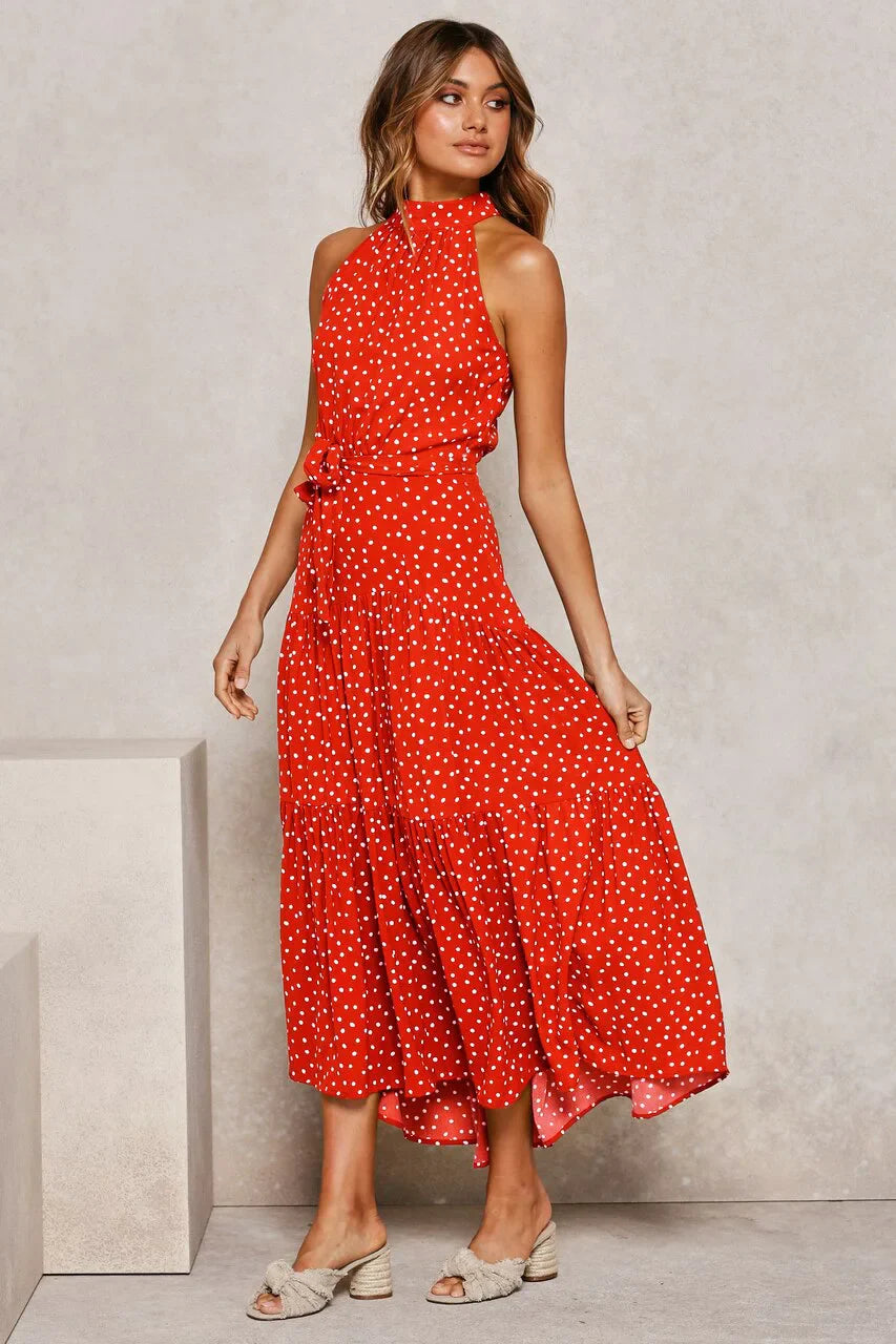 Elegantes Midikleid mit Erbsendruck und Krawatte im Nacken