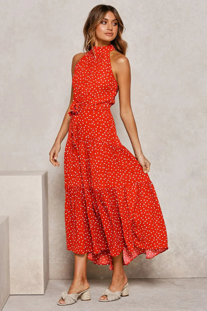 Elegantes Midikleid mit Erbsendruck und Krawatte im Nacken