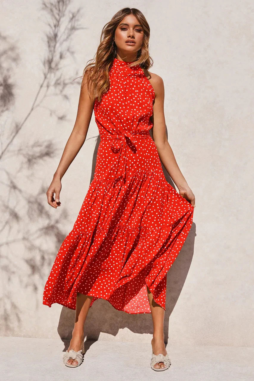 Elegantes Midikleid mit Erbsendruck und Krawatte im Nacken