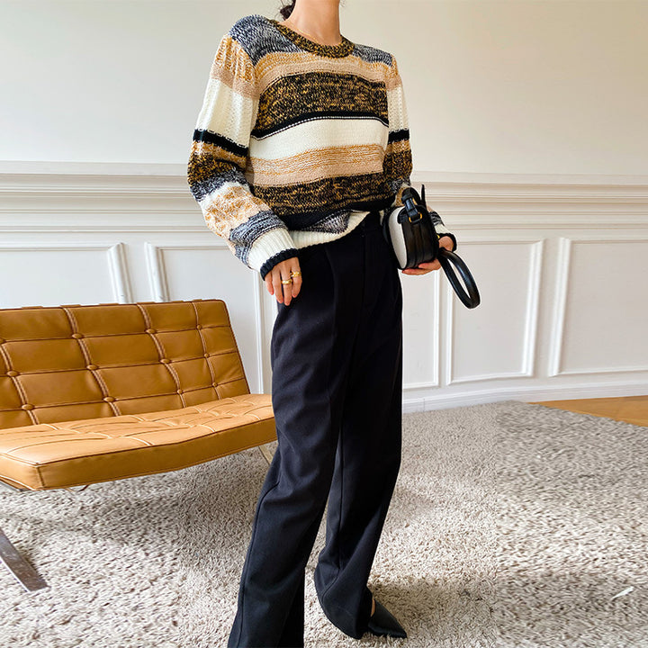 Damen gerippter Pullover mit bunten Streifen