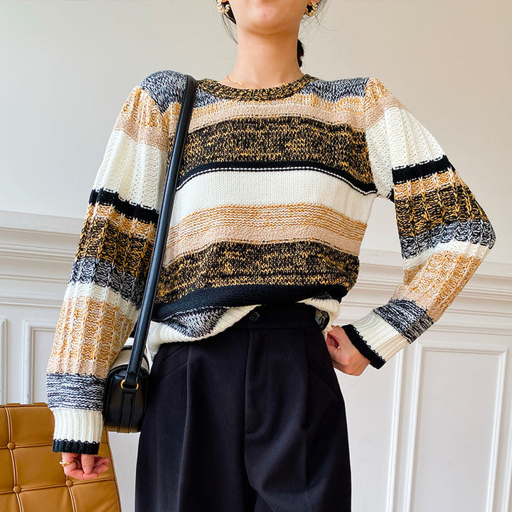 Damen gerippter Pullover mit bunten Streifen