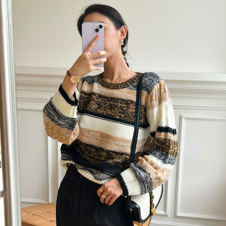Damen gerippter Pullover mit bunten Streifen