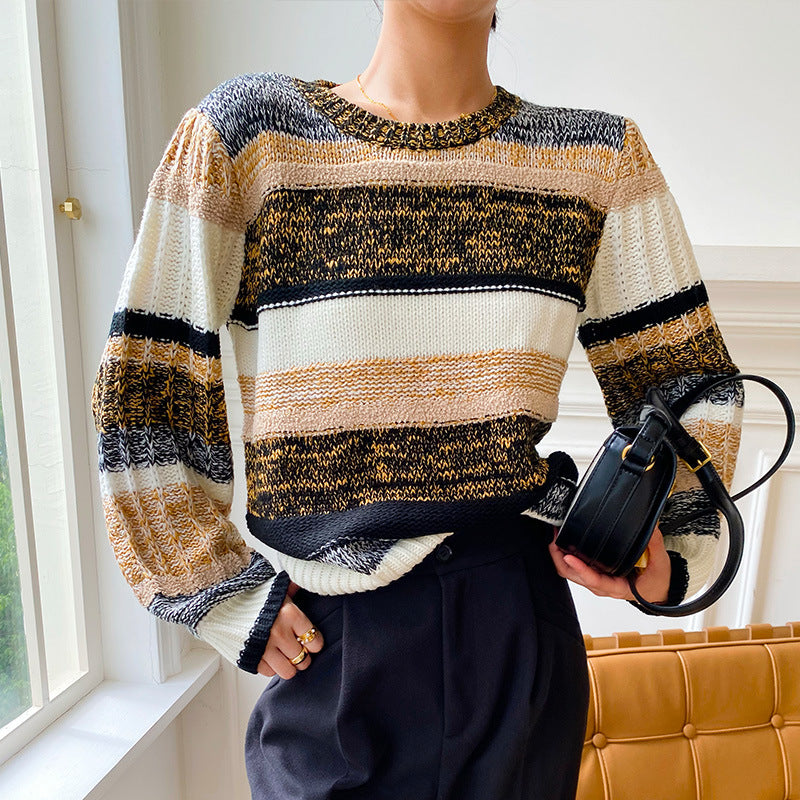 Damen gerippter Pullover mit bunten Streifen