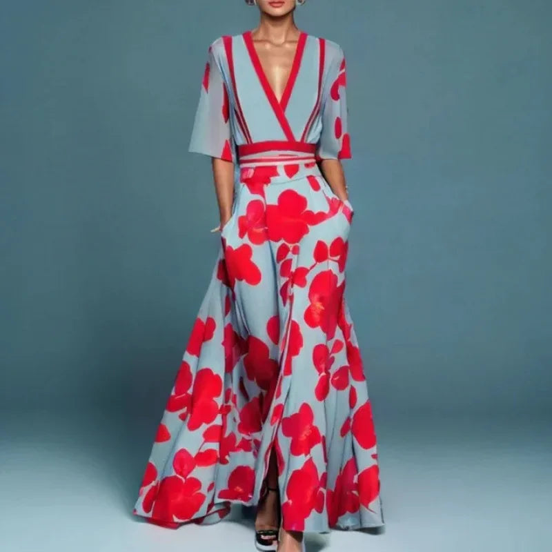 Geblümtes Maxikleid mit V-Ausschnitt und Taillenschnitt