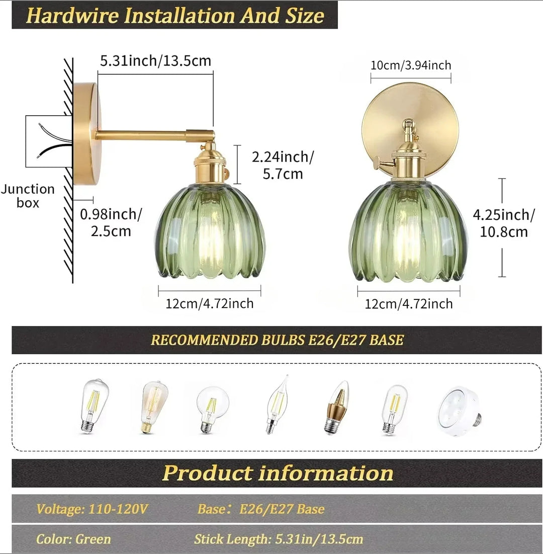 Retro-Wandleuchte mit Tulpenförmigem Glasschirm und Goldenem Finish
