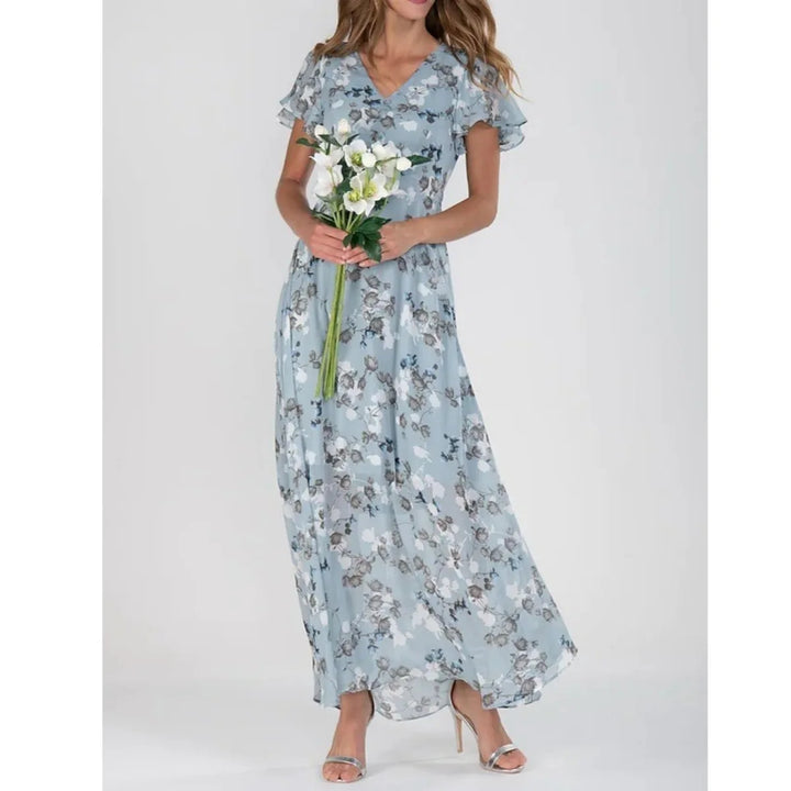 Geblümtes Maxikleid aus Chiffon mit V-Ausschnitt und kurzem Ärmel