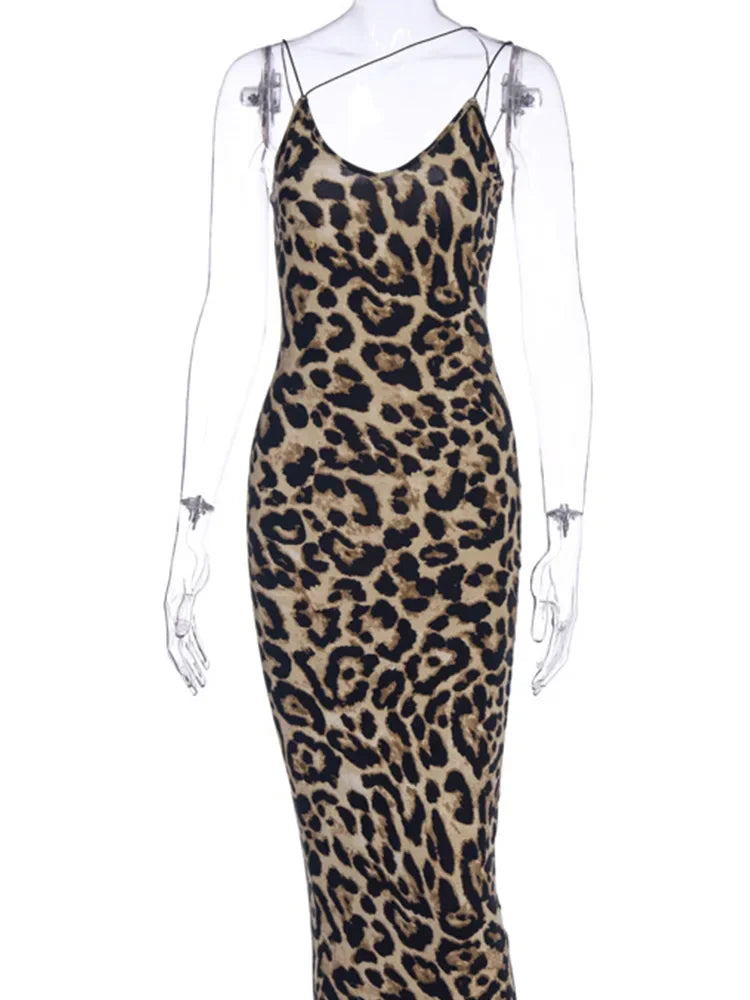 Damen Midikleid mit schmalen Trägern und Panther-Muster