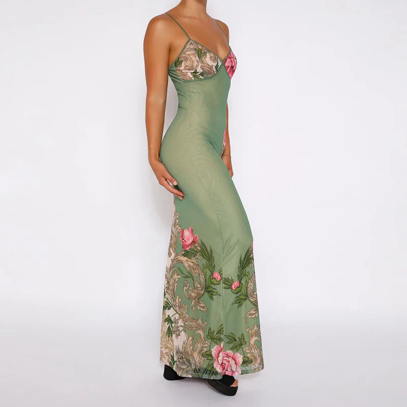 Damen Maxikleid mit Blumenmuster und schmalen Trägern