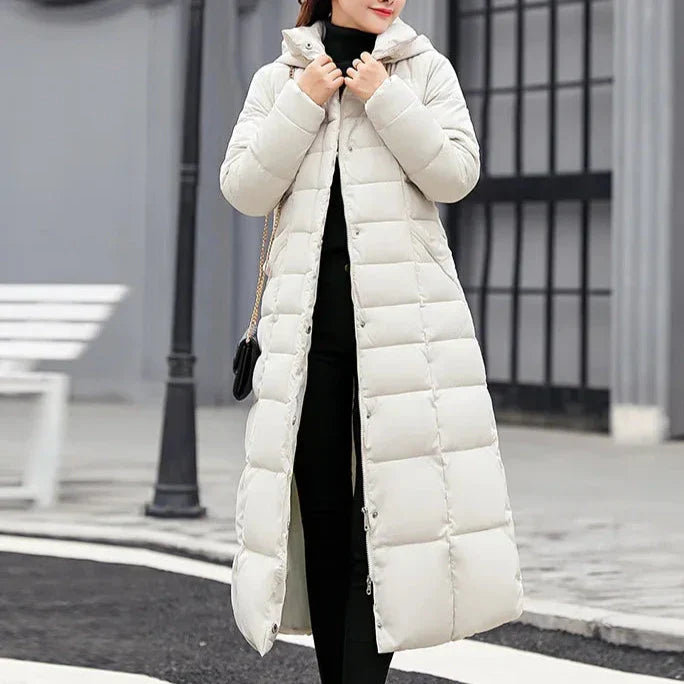 Damen-Lange Daunenjacke mit Fellbesatz und Gürtel