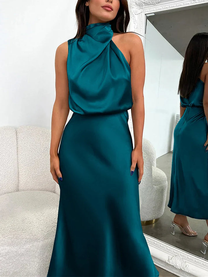 Elegantes Midikleid aus Satin mit asymmetrischem Ausschnitt