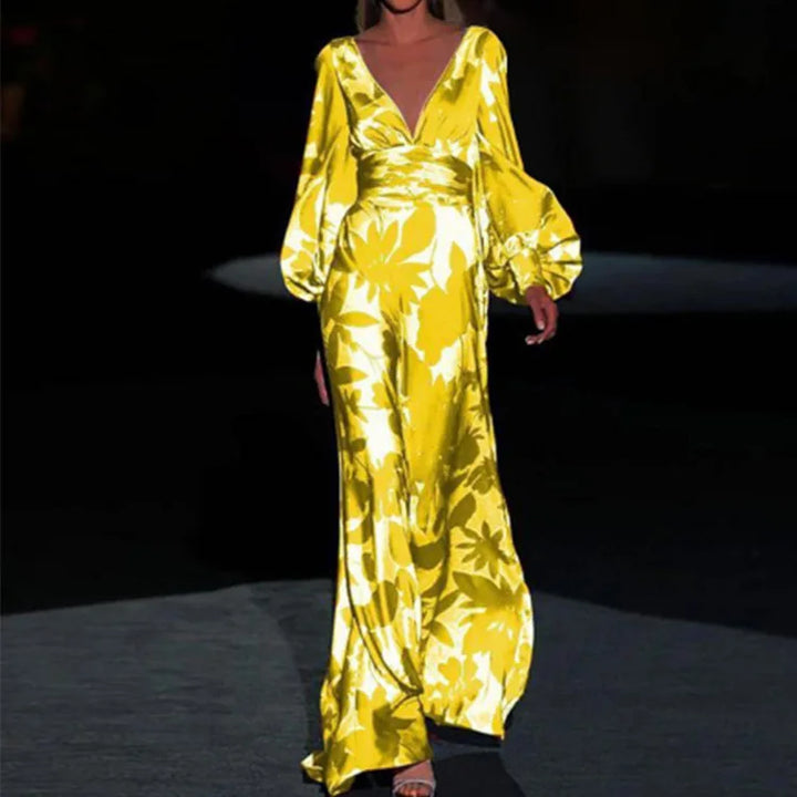 Maxikleid mit tiefem V-Ausschnitt und Puffärmeln
