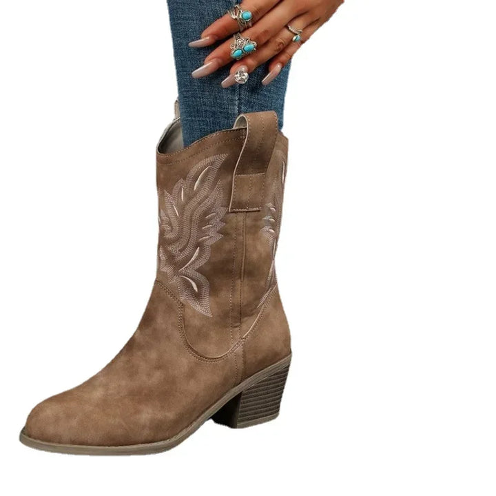 Damen-Cowboystiefel mit Stickerei und niedrigem Absatz