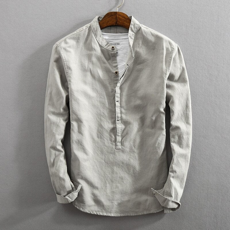 Langärmeliges Leinenhemd für Herren mit Henley-Ausschnitt