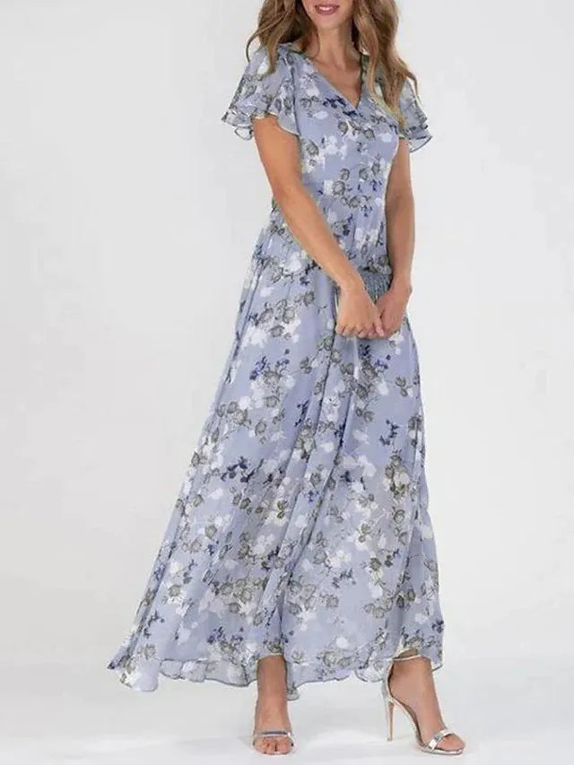 Geblümtes Maxikleid aus Chiffon mit V-Ausschnitt und kurzem Ärmel