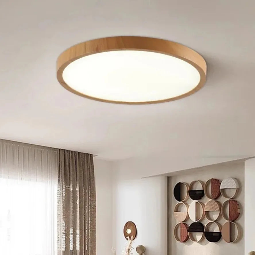 Moderne runde LED-Deckenleuchte mit Holzrahmen