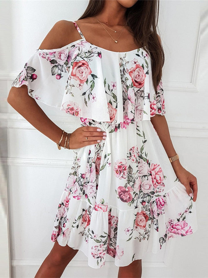 Blumenkleid mit offenen Schultern und Rüschen