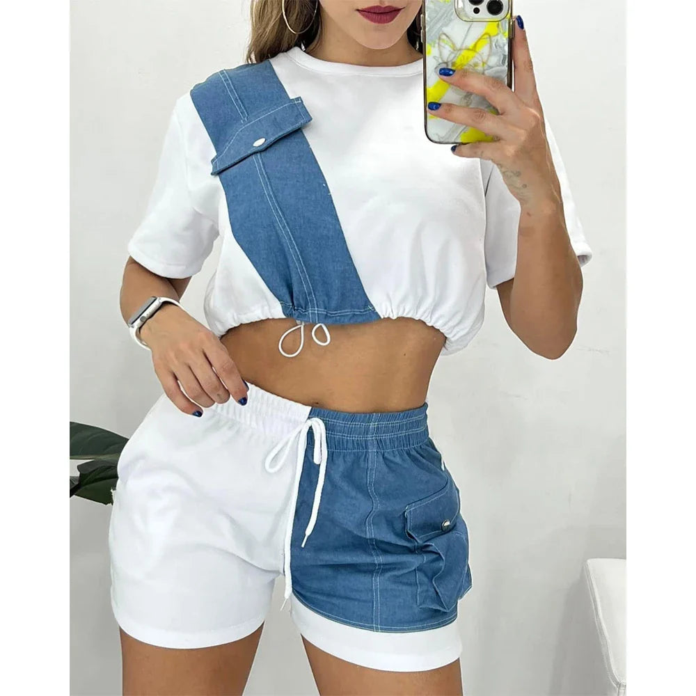 Damen-Sport-Short-Set mit Denim-Akzenten