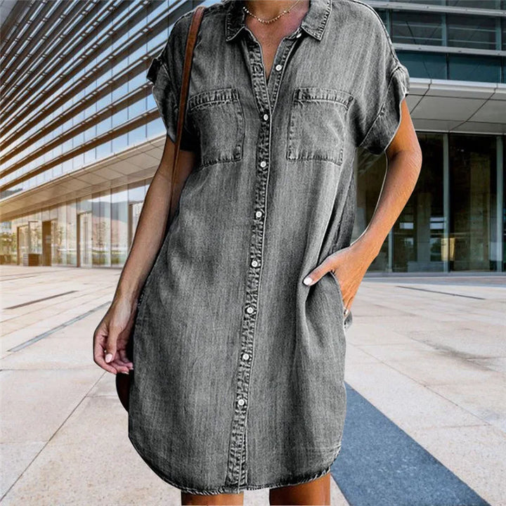 Damen Denim Kleid mit kurzen Ärmeln und Taschen