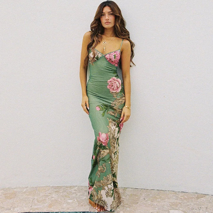 Damen Maxikleid mit Blumenmuster und schmalen Trägern