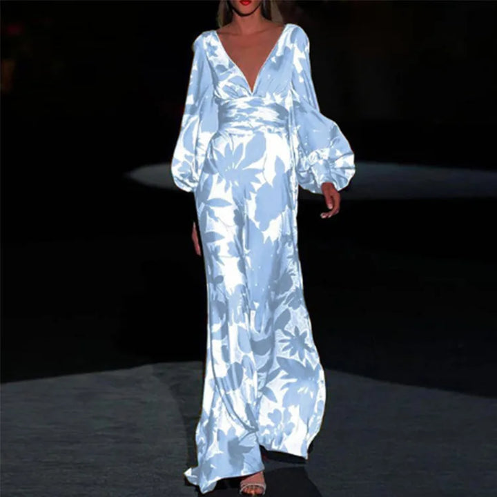 Maxikleid mit tiefem V-Ausschnitt und Puffärmeln