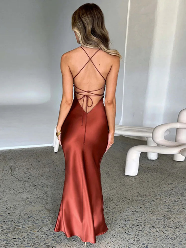 Damen Satin Maxikleid mit schmalen Trägern