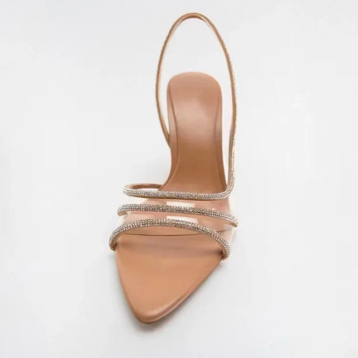 Elegante Damen-Sandalen mit Absatz und Kristall-Streifen