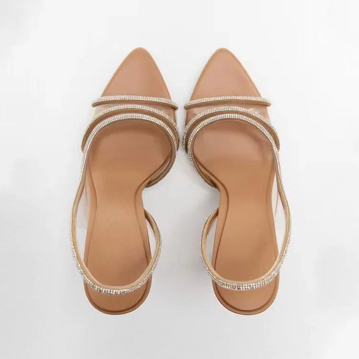 Elegante Damen-Sandalen mit Absatz und Kristall-Streifen
