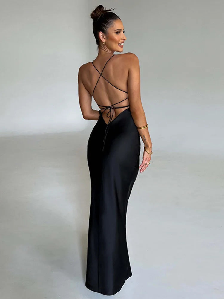 Damen Satin Maxikleid mit schmalen Trägern