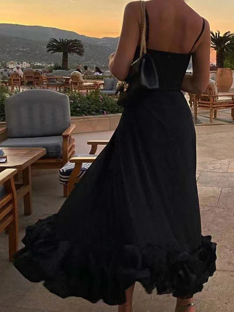 Luftiges Midikleid mit Tüllrock und Volantträgern