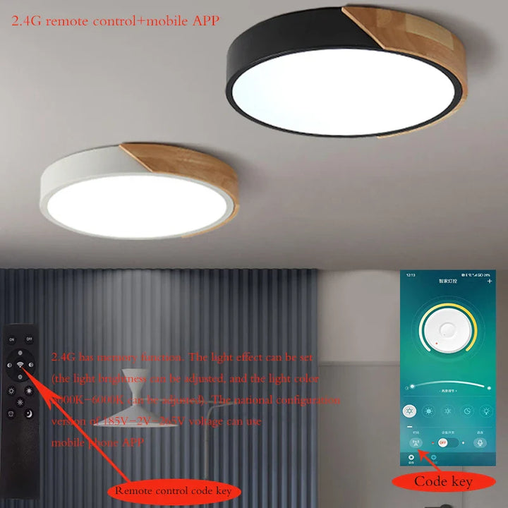 Moderne runde LED-Deckenleuchte mit Holzakzent