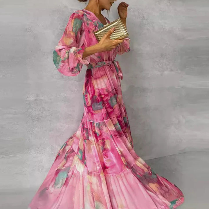 Geblümtes Maxikleid mit V-Ausschnitt und Bindegürtel aus Chiffon