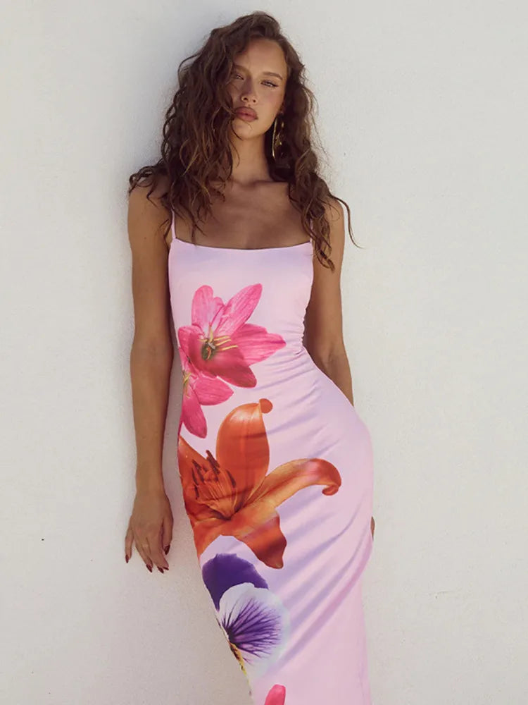 Damen Maxikleid mit Blumenmuster und schmalen Trägern