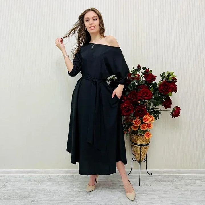 Damen-Elegantes Midikleid mit asymmetrischem Ausschnitt und Taillengürtel