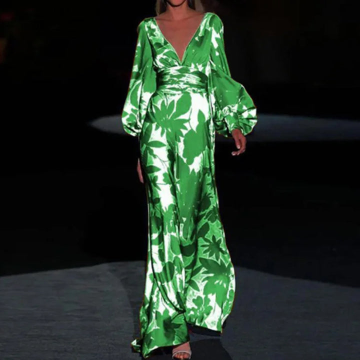 Maxikleid mit tiefem V-Ausschnitt und Puffärmeln