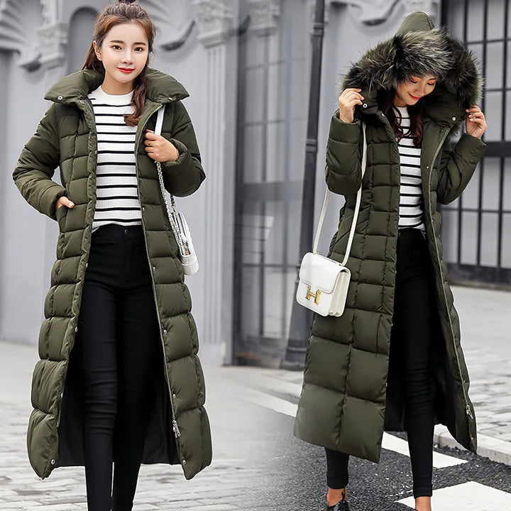 Damen-Lange Daunenjacke mit Fellbesatz und Gürtel