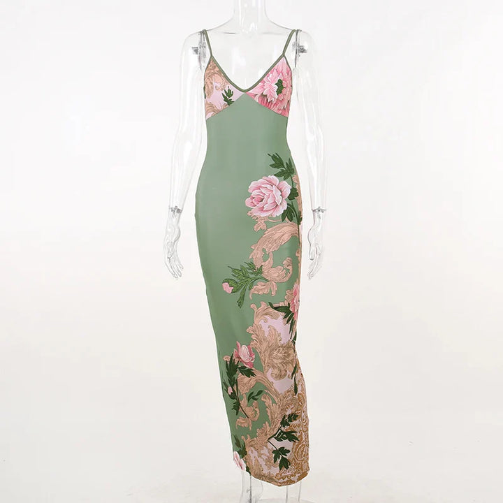 Damen Maxikleid mit Blumenmuster und schmalen Trägern