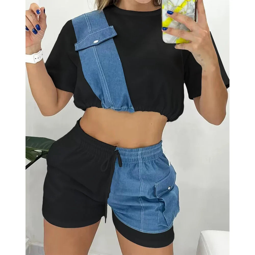 Damen-Sport-Short-Set mit Denim-Akzenten